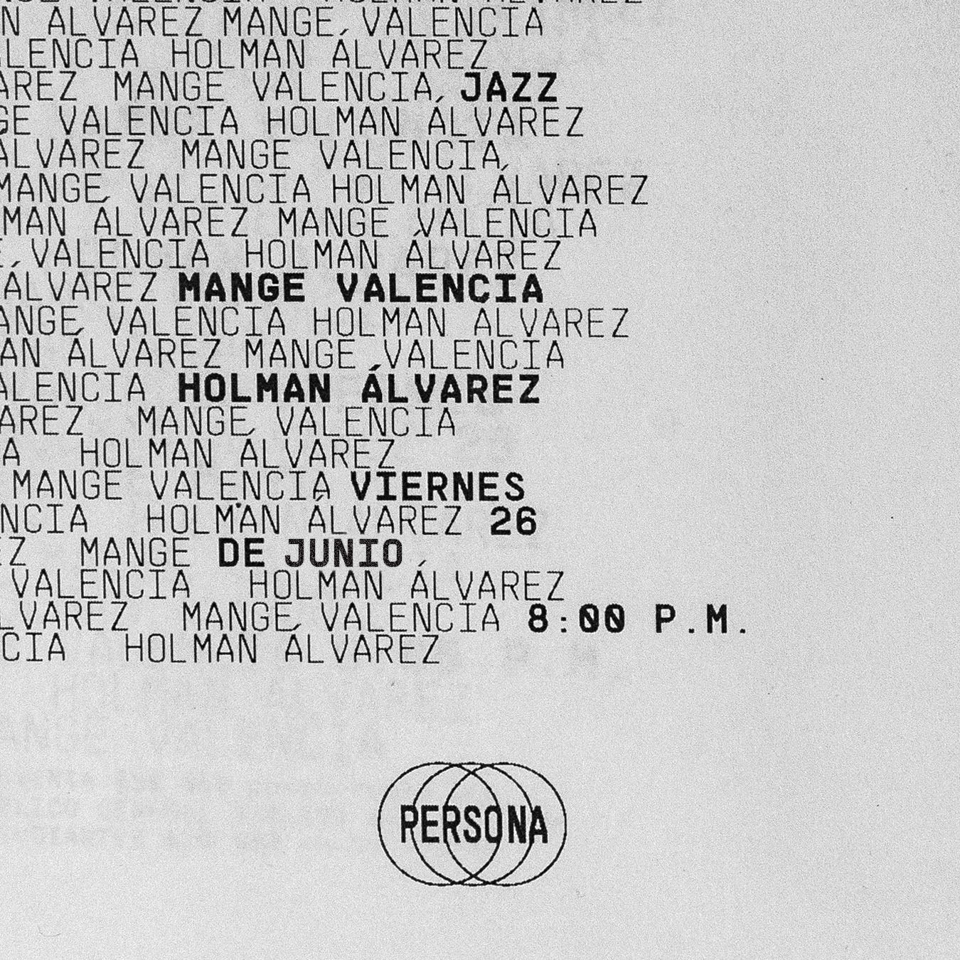 Afiche de Holman Álvarez y Mange Valencia, Jazz, en Persona, sala de músicas actuales, Medellín