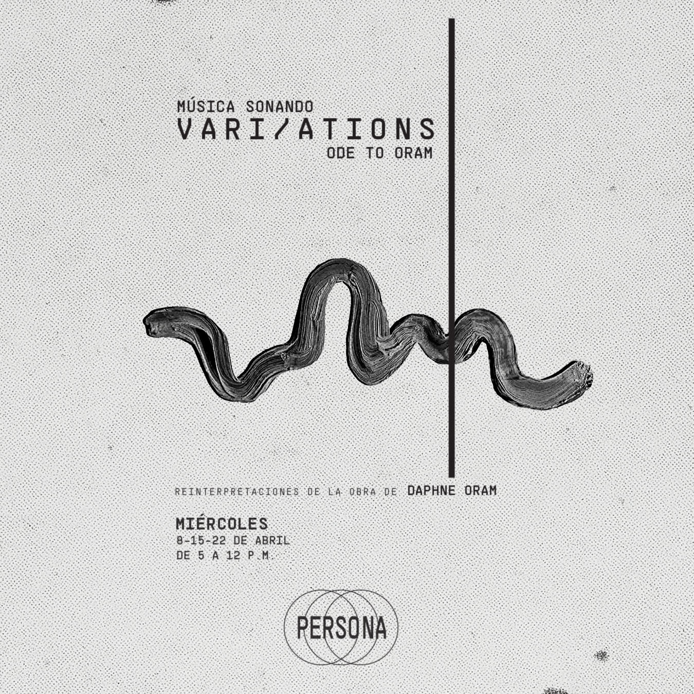 Persona presenta: Música Sonando: vari/ations - An Ode to Oram de Daphne Oram - Miércoles 8 de abril de 2026. PERSONA es un bar en el centro de Medellín que acoge en sus adentros una sala de músicas actuales. El bar es un espacio independiente de la sala de conciertos y no requiere reserva. Nuestra sala de conciertos está enfocada en la música de vanguardia o en la mirada actual de músicas antiguas. Bar y Sala de músicas actuales - Cra. 42 #46-46, Centro de Medellín.